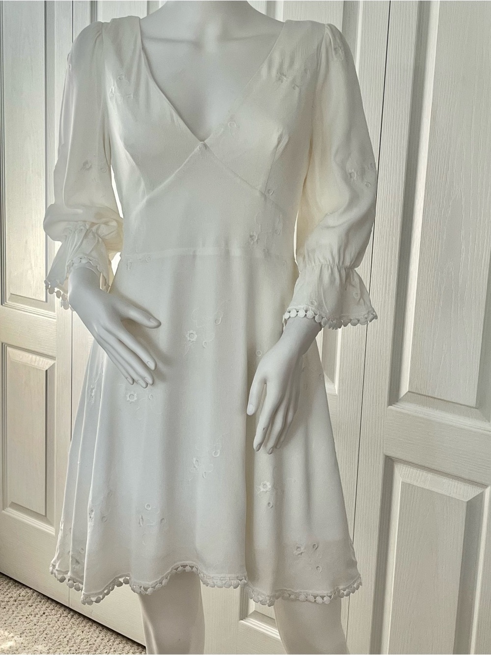 Lulus “In The Meadow” ivory Babydoll Dress Mini Crochet Trim Size M